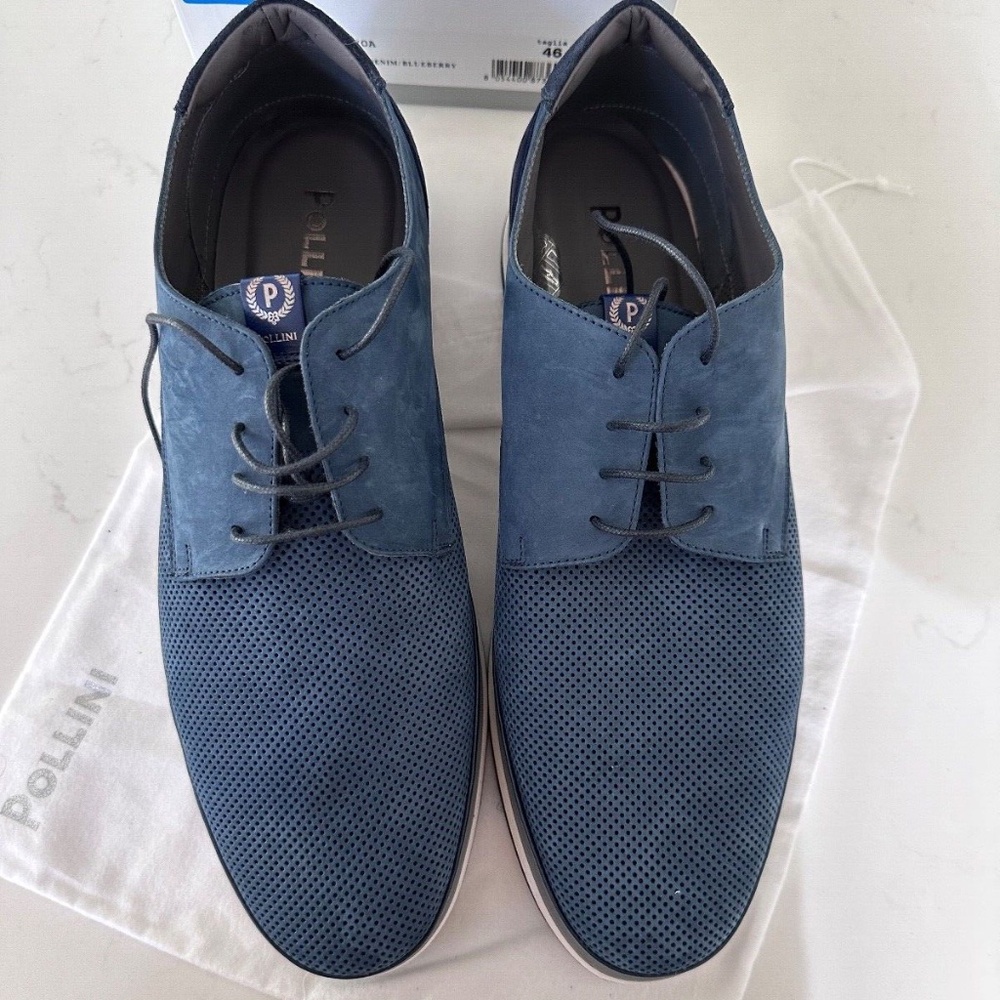 POLLINI blue suede/ leather loafers Size 13M Euro 46 Hand made Italy NIB